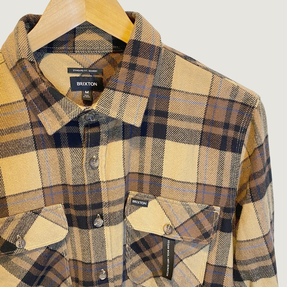 Brixton Bowery Flannel Shirt Mens M Tan Brown NWOT Vegan Wool Plaid Button Up